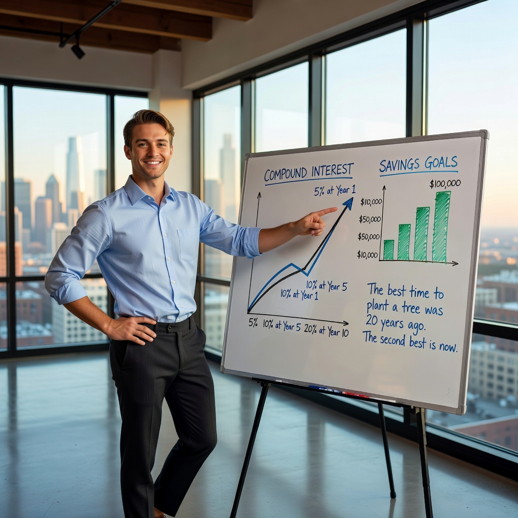 Confident young White entrepreneur charting savings growth on whiteboard, city skyline view from loft, graphs showing compound curves upward