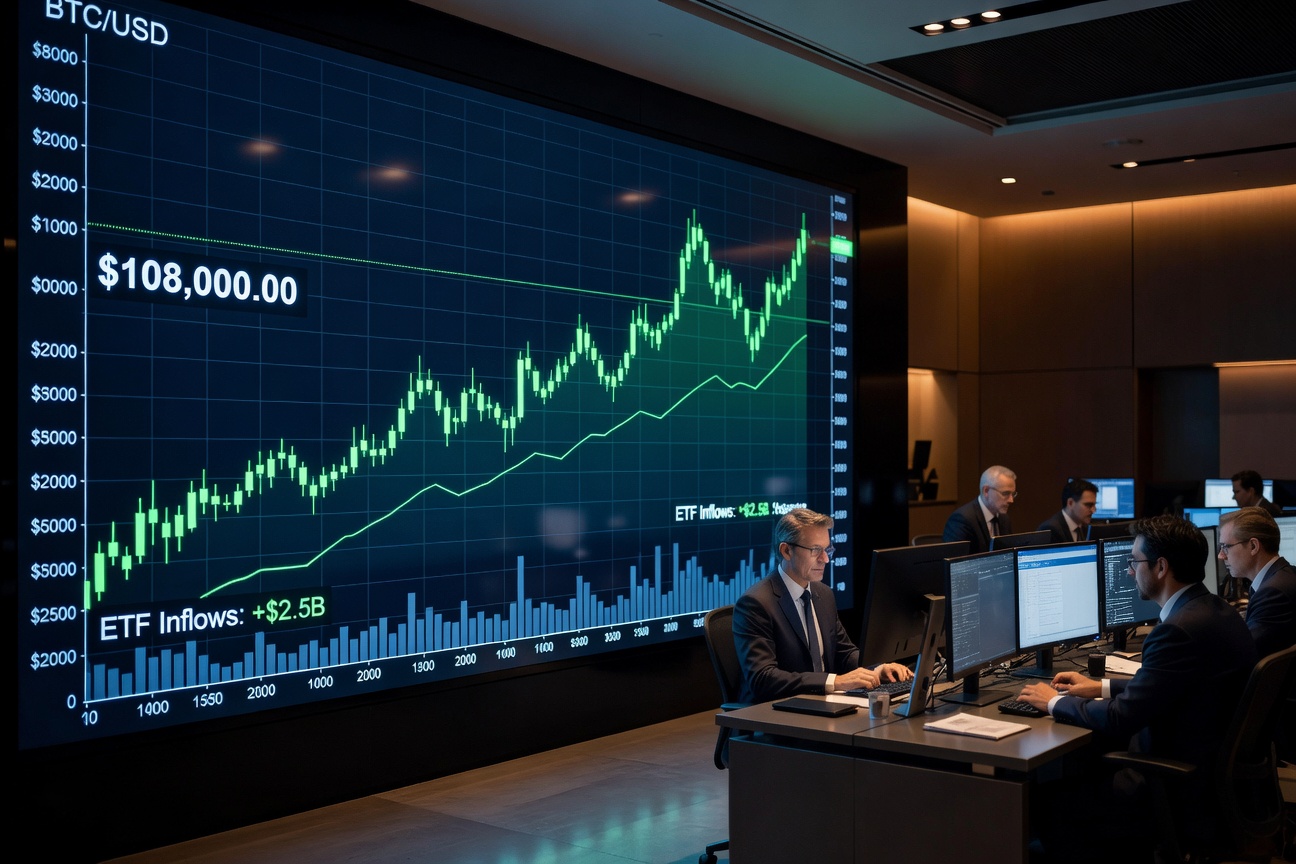 Bitcoin price chart exploding past 108k with green candles and ETF inflow graphs