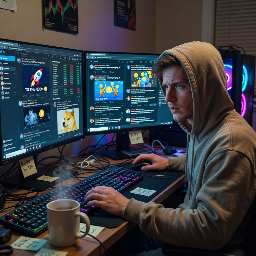 Young white male trader in home office analyzing X posts and Bitcoin charts on dual monitors
