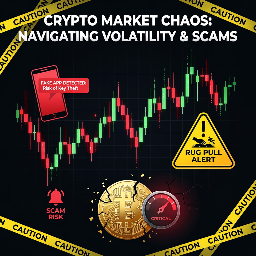 Caution sign over crypto charts showing volatility spikes and scam alerts