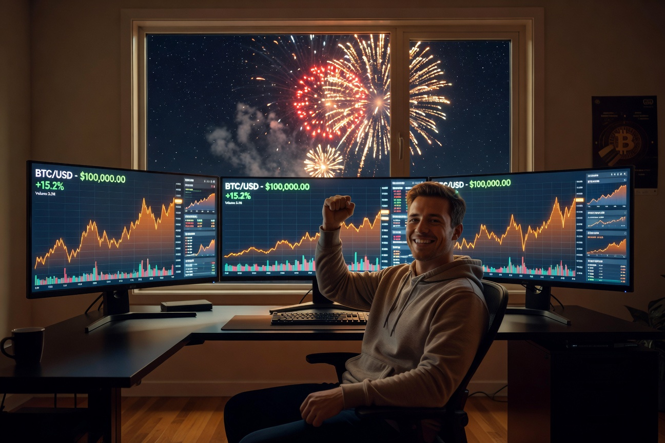 Dramatic Bitcoin price chart exploding past $100,000 with fireworks and upward arrow