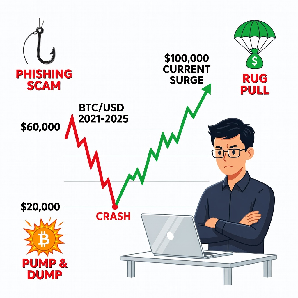 Jagged Bitcoin price volatility chart with scam warning icons and skeptical Asian male trader