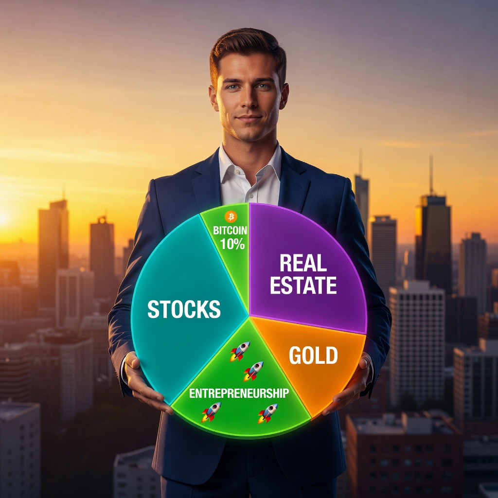 Diversified portfolio pie chart with small Bitcoin slice held by confident White male investor