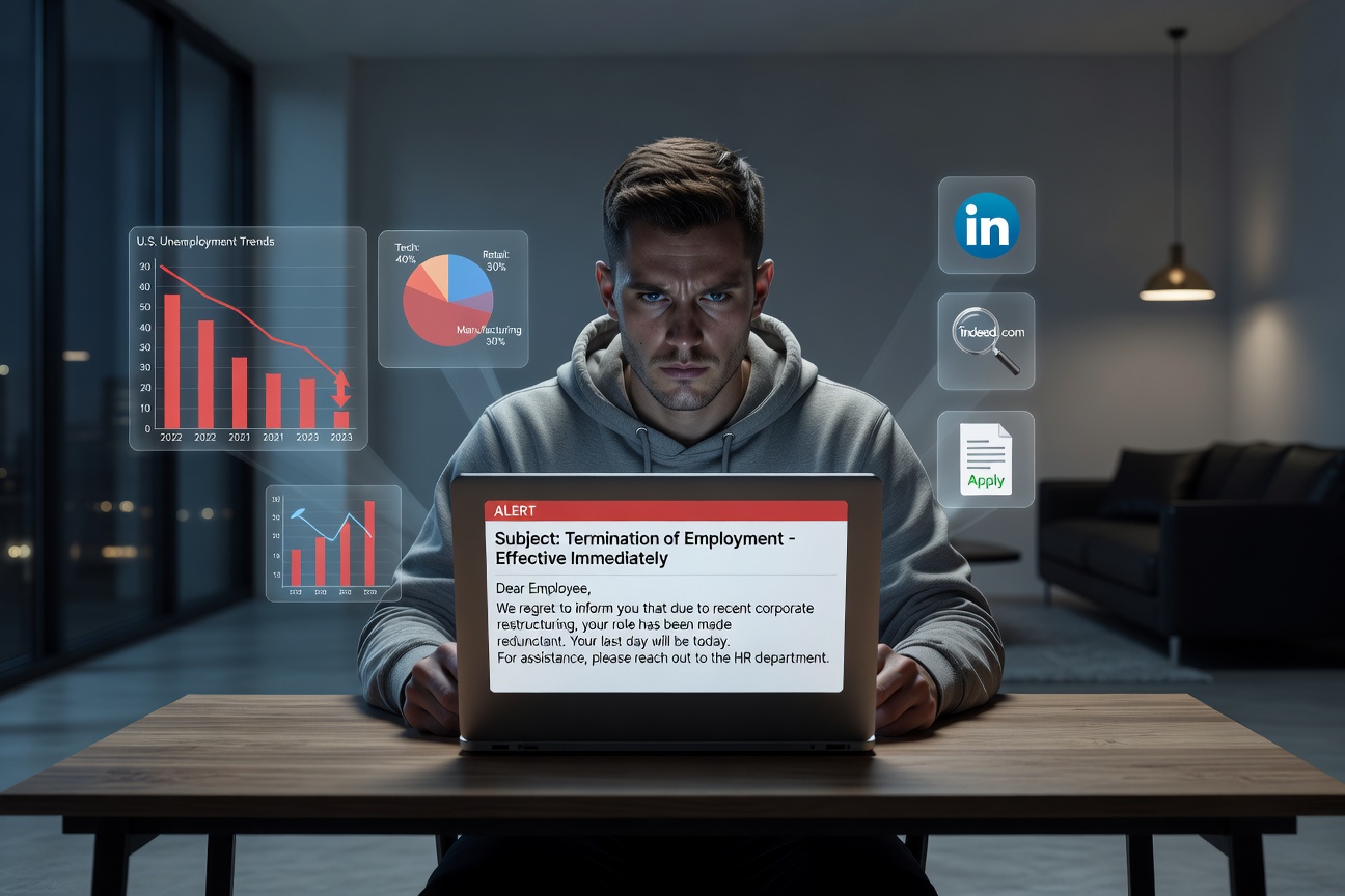 Young white male staring at layoff email on laptop in dim apartment, charts showing unemployment rise in background