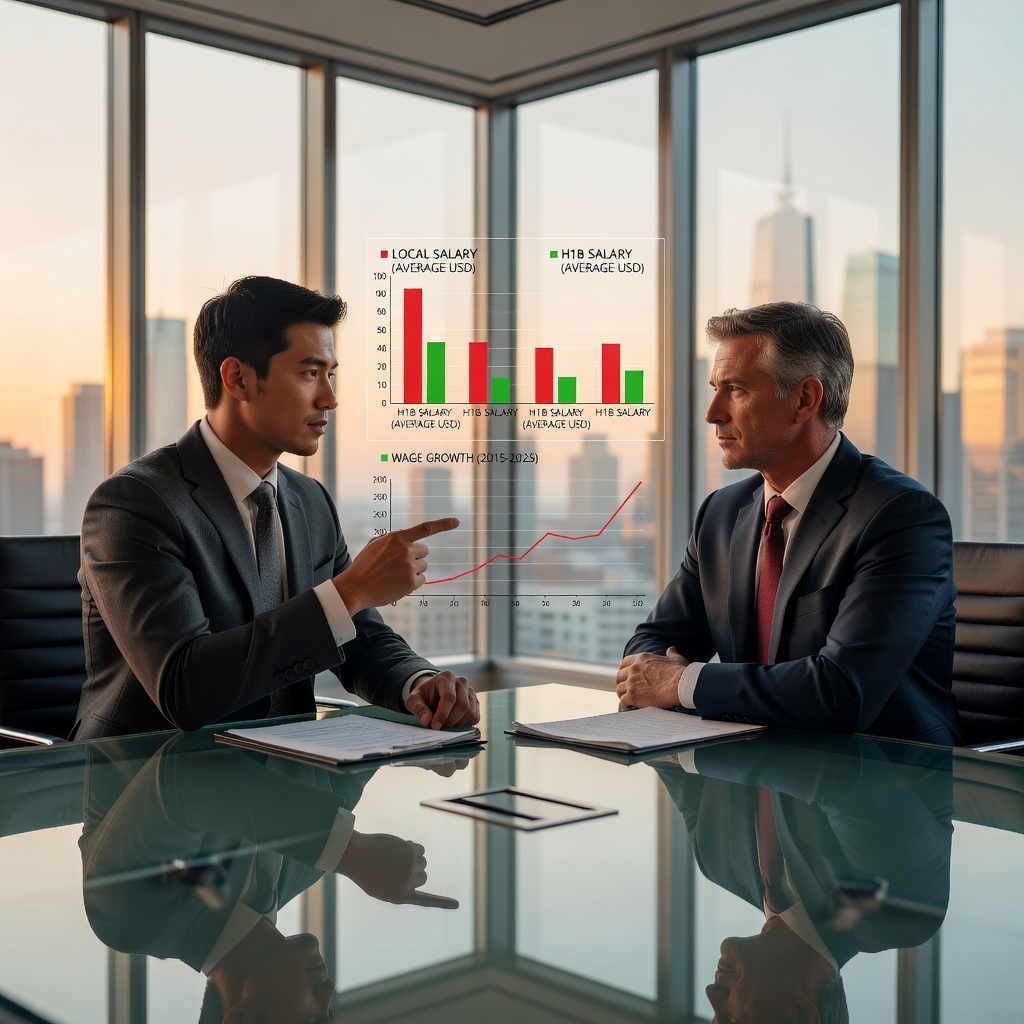 Young Asian man negotiating salary in modern office, charts comparing H1B vs local wages