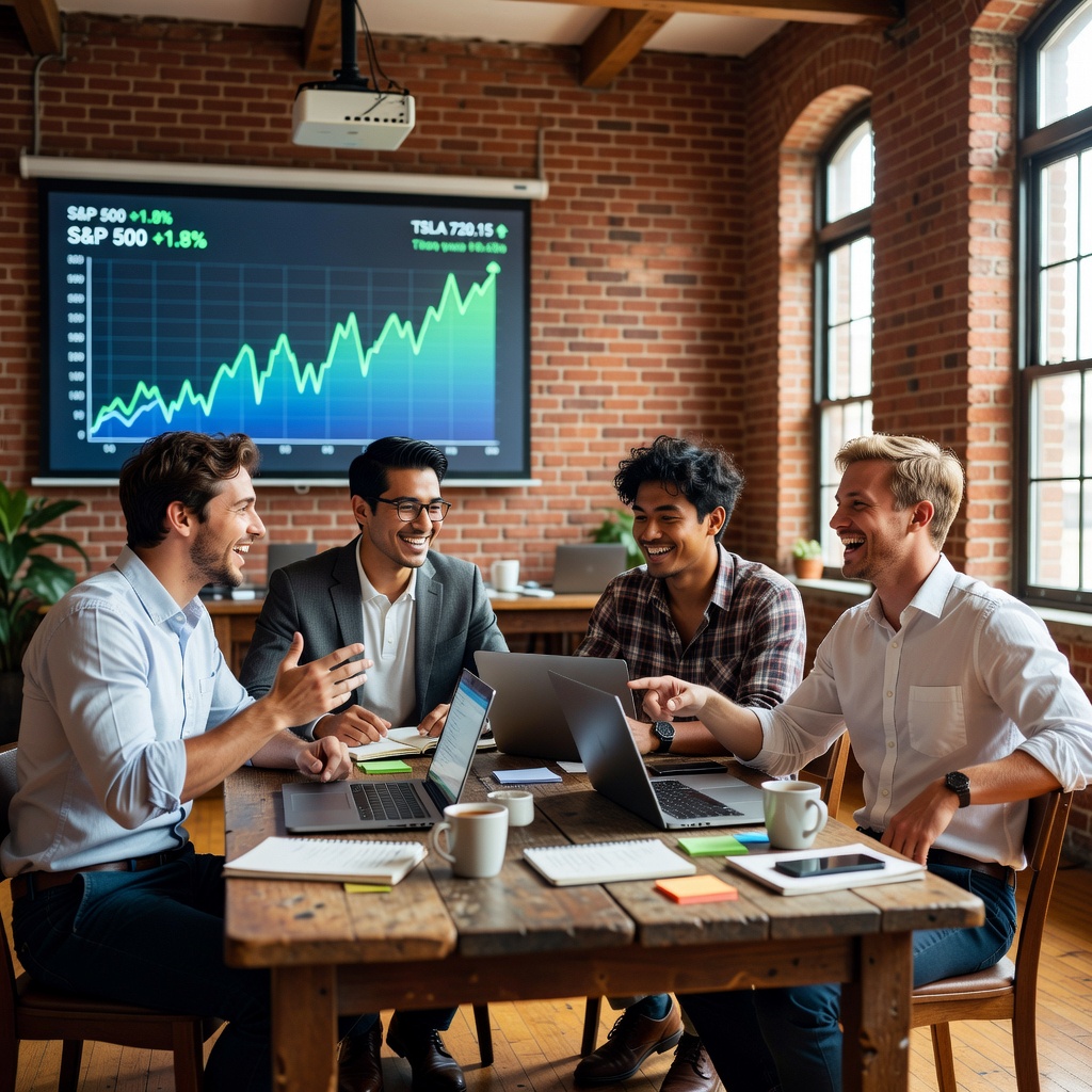 Group of young White and Asian men brainstorming startup ideas around table with laptops and stock charts