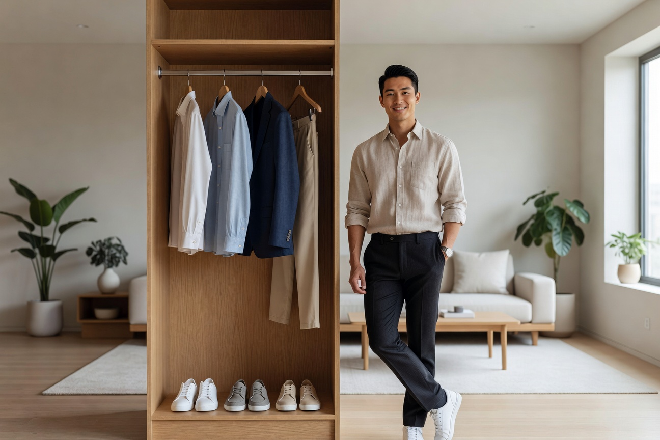 Young Asian man confidently standing before a minimalist closet with only a few simple outfits, modern apartment background