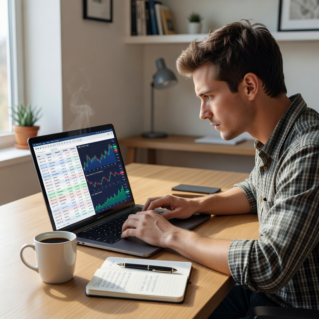 Young White man at a clean desk reviewing budget app on laptop, simple notebook and coffee mug nearby, focused expression