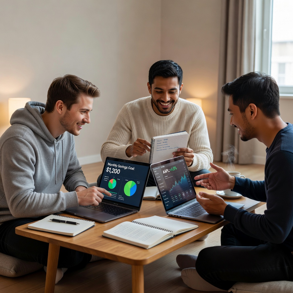 Group of young White and Asian men in casual attire brainstorming over laptops and notebooks in a minimalist living room, charts on screen