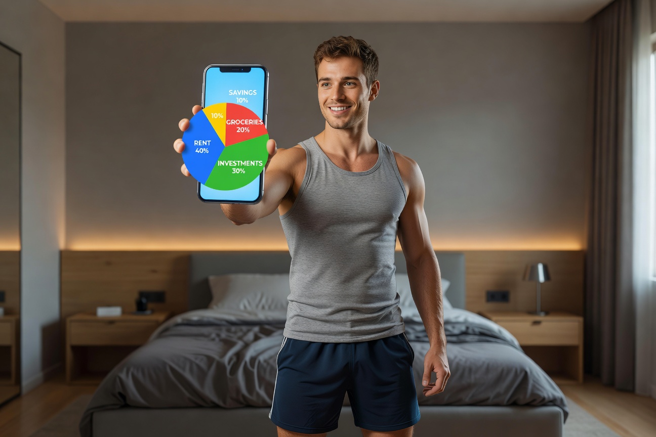 Young White man in gym clothes filming TikTok loud budgeting video with money savings overlay