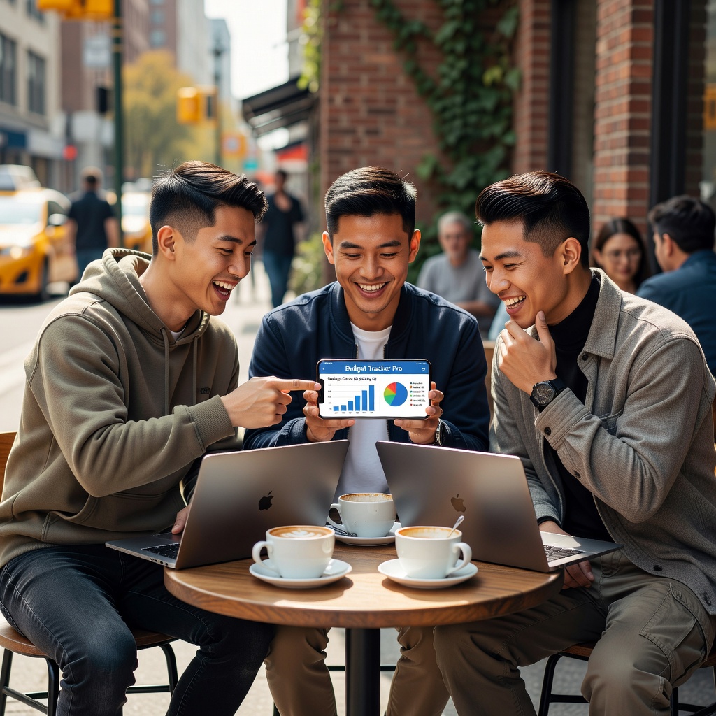 Group of young Asian men at cafe reviewing budget app on shared phone
