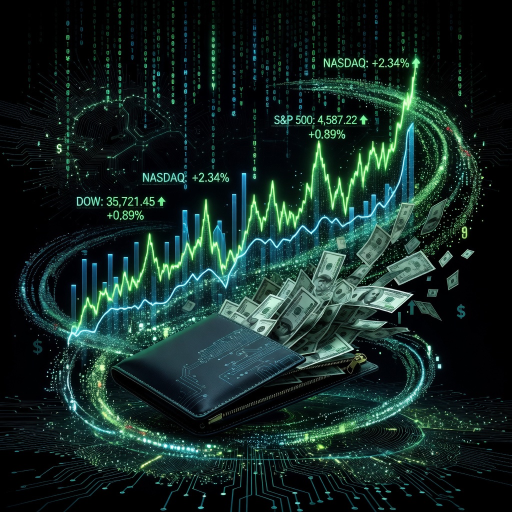 Digital chart showing budget savings transforming into rising stock market graphs
