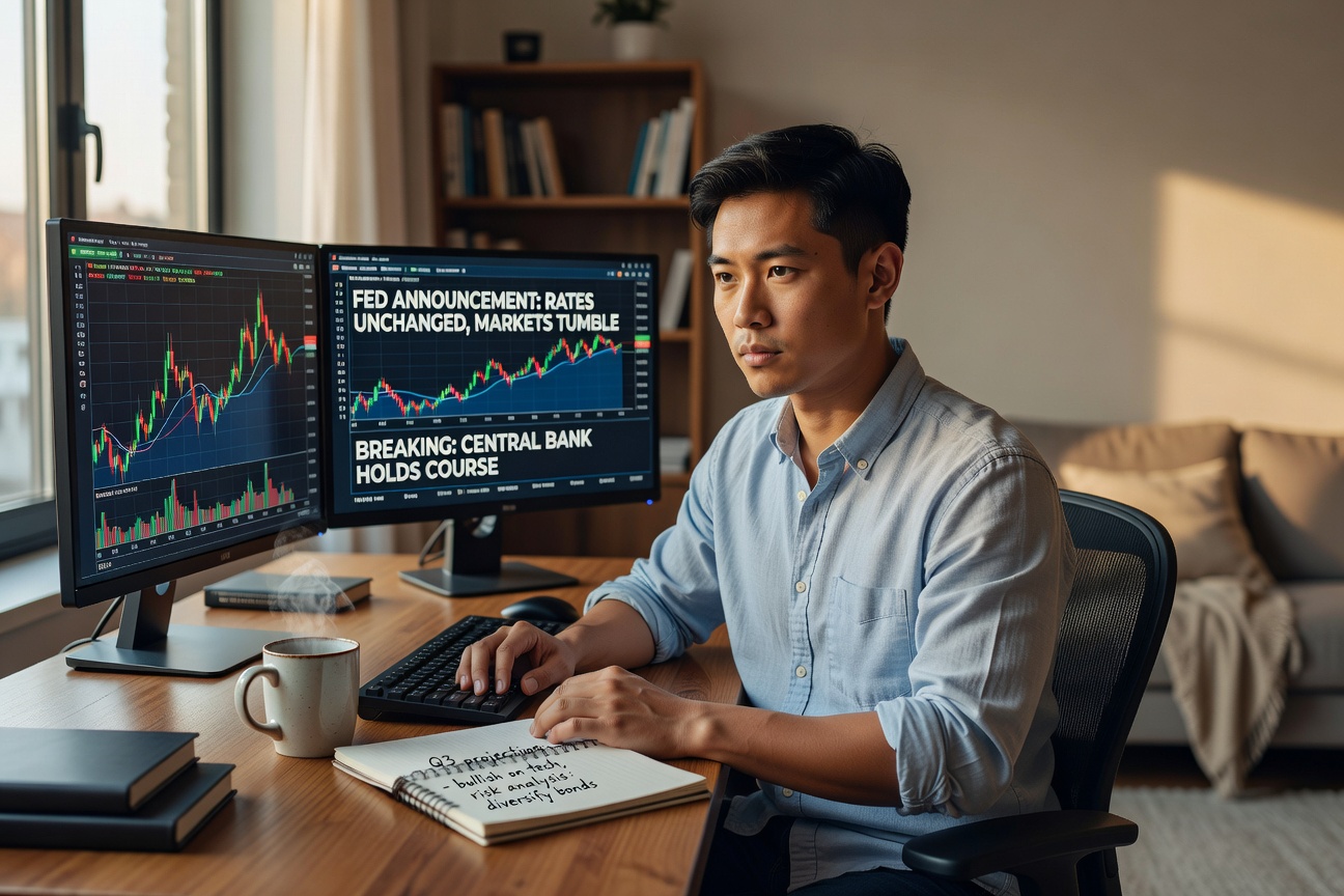 Young Asian man in modern home office reviewing stock charts and bank statements on laptop after Fed rate announcement