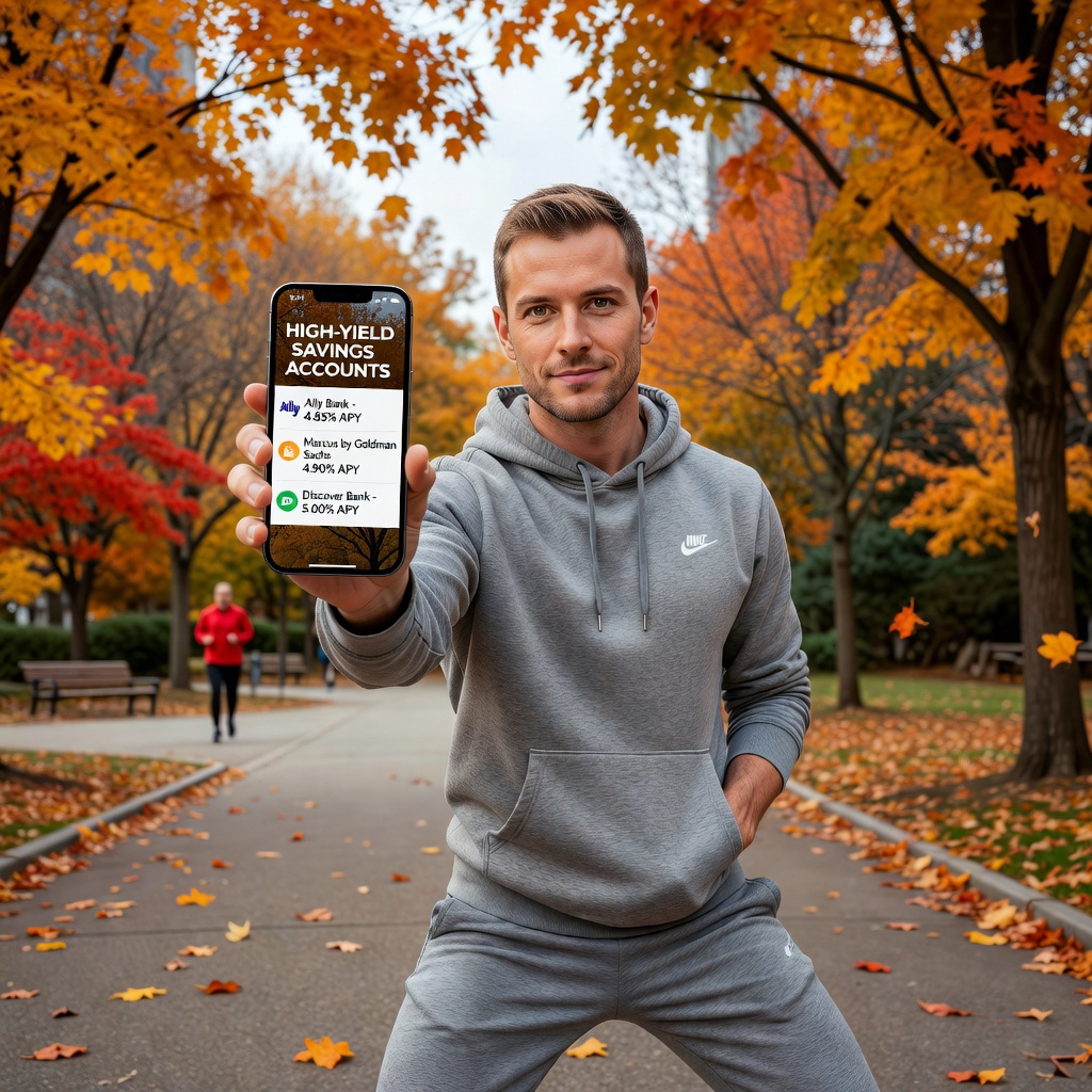 Confident White man in his early 30s comparing high-yield savings apps on his phone while walking in city park