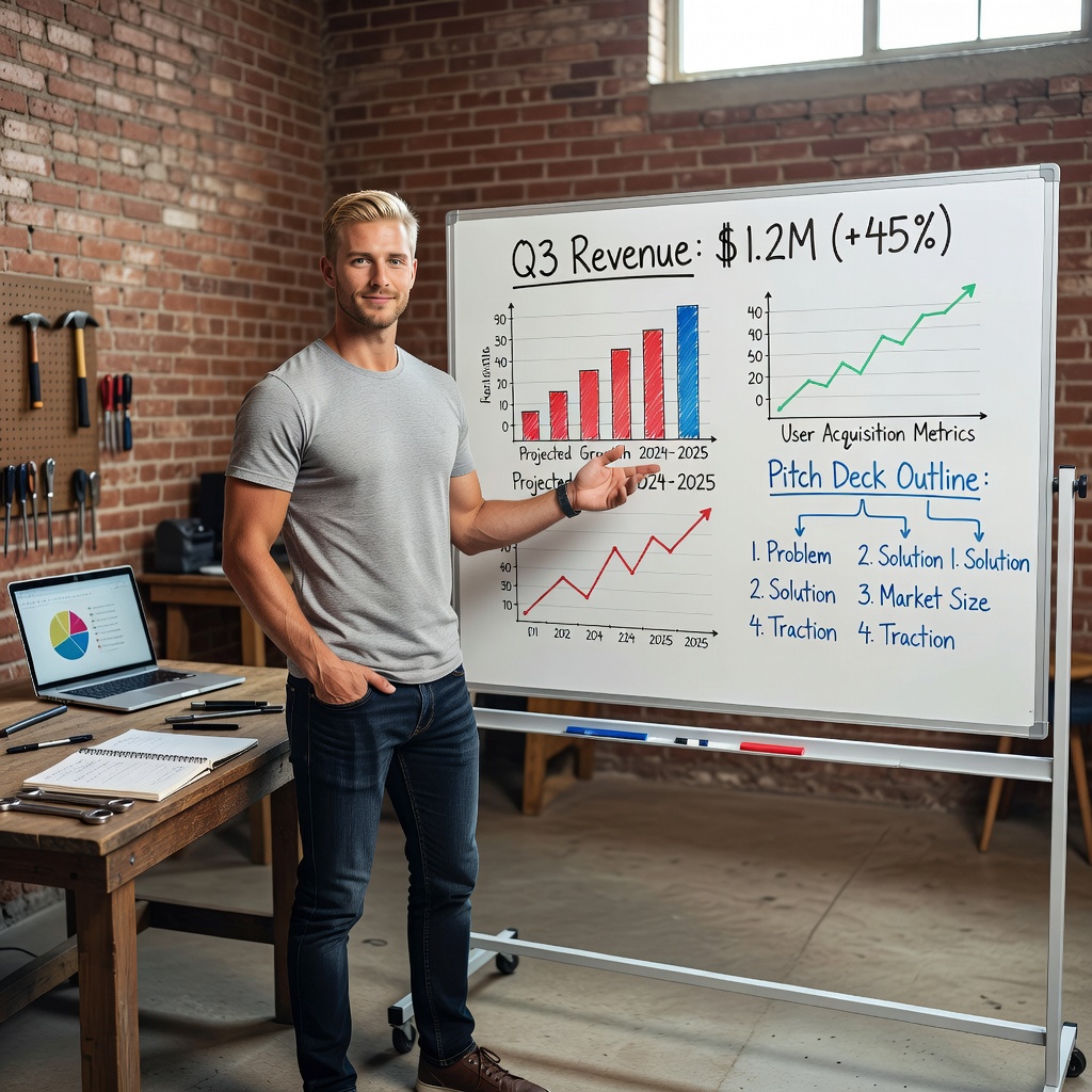 Young White entrepreneur in casual attire pitching startup idea on whiteboard with financial projections