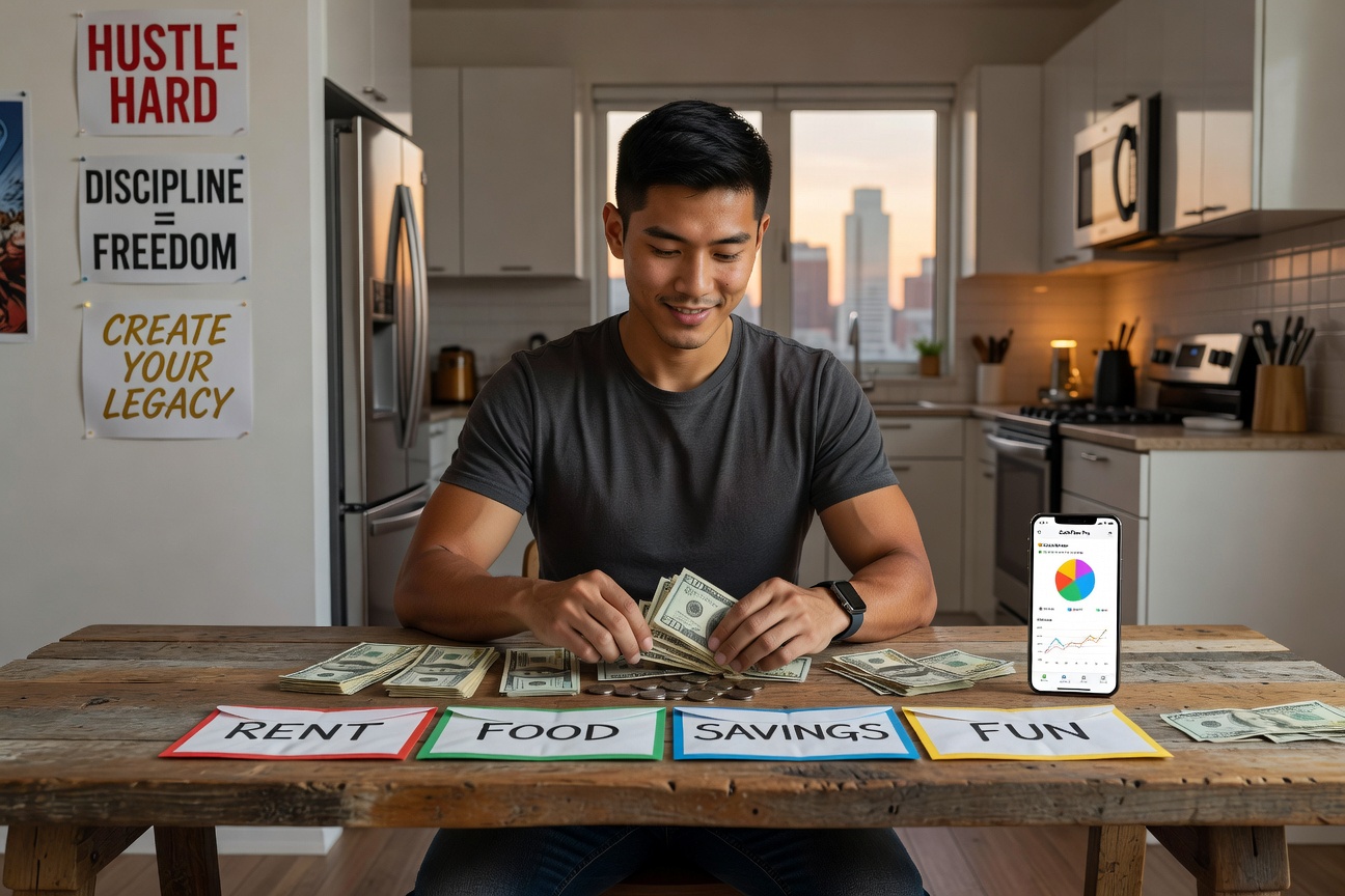 Young Asian man confidently organizing cash-stuffed envelopes for budgeting