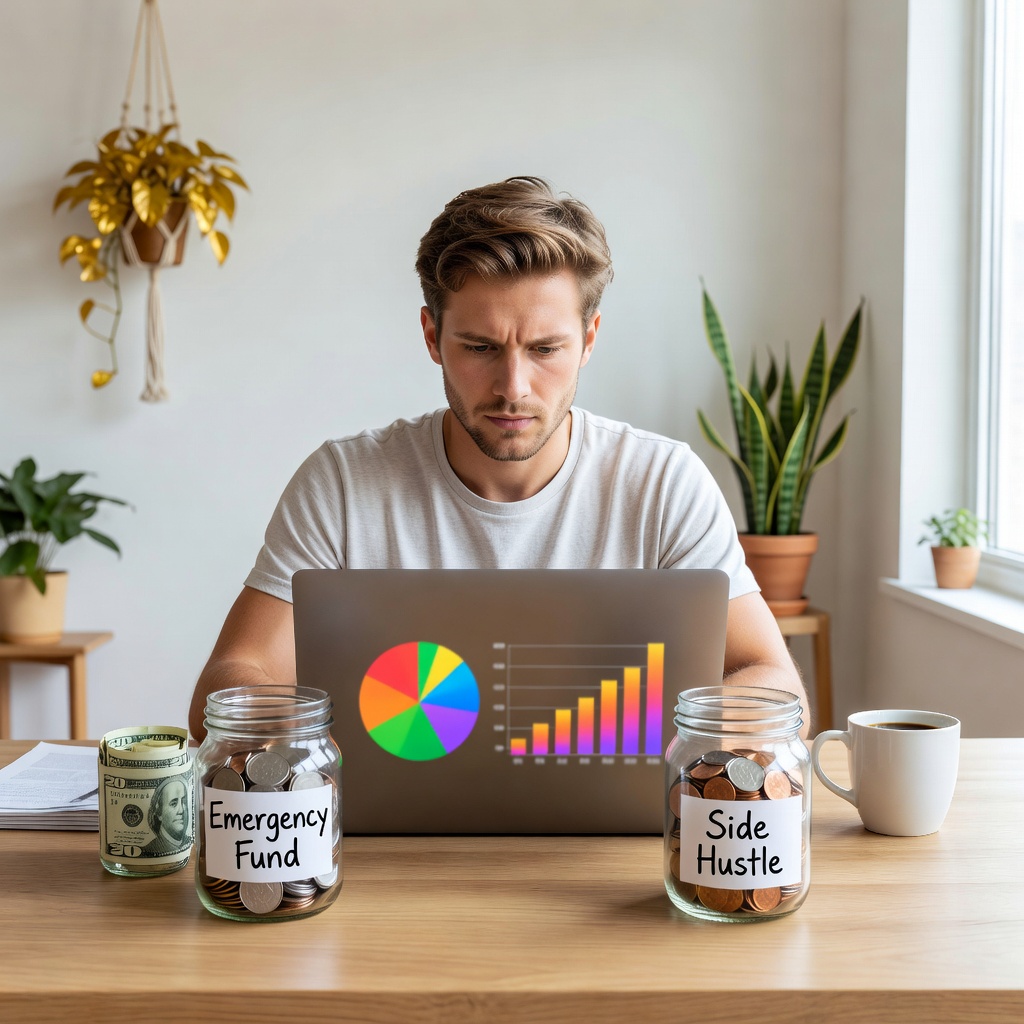 Young White man analyzing budget charts on laptop with savings jars