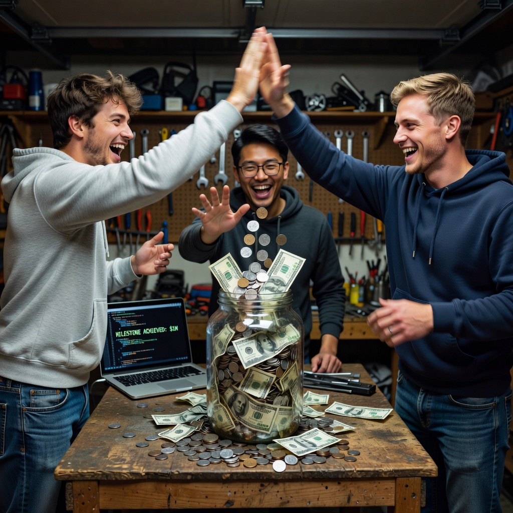 Young men celebrating overflowing savings jar in casual startup setting