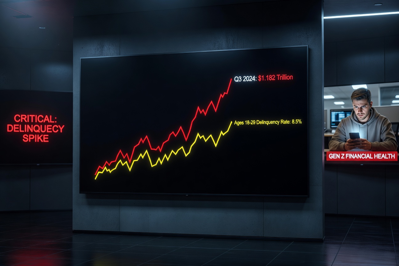 Line graph showing U.S. credit card debt rising sharply to $1.182 trillion in Q3 2024, with delinquency rates spiking among 18-29 year olds