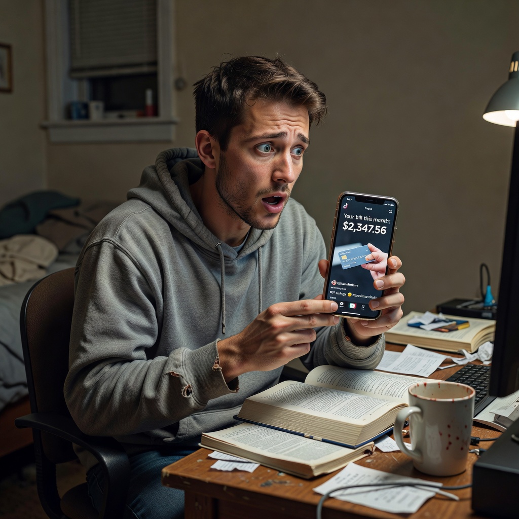 Young White man in 20s staring at smartphone with TikTok video of credit card bill, stressed expression in dimly lit room