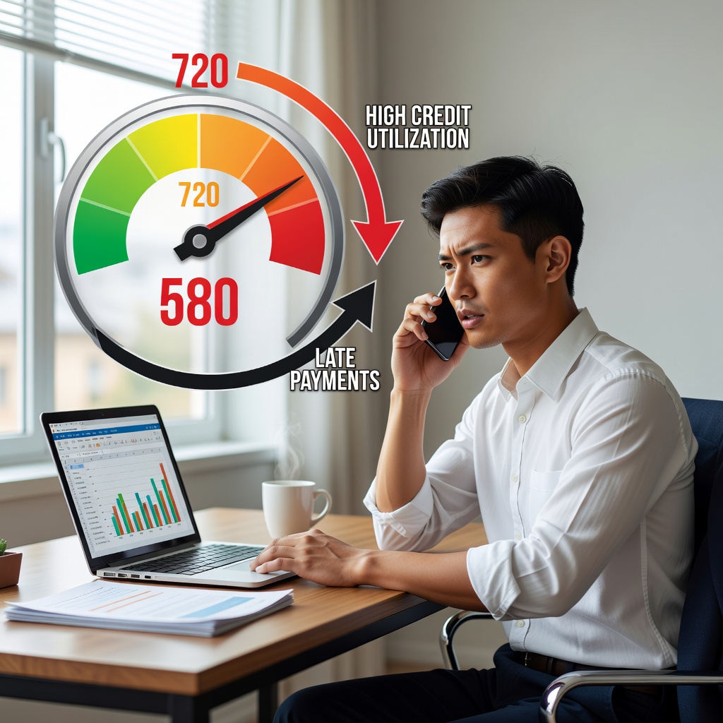 Infographic of FICO score dropping due to high credit utilization and missed payments, young Asian man negotiating on phone nearby