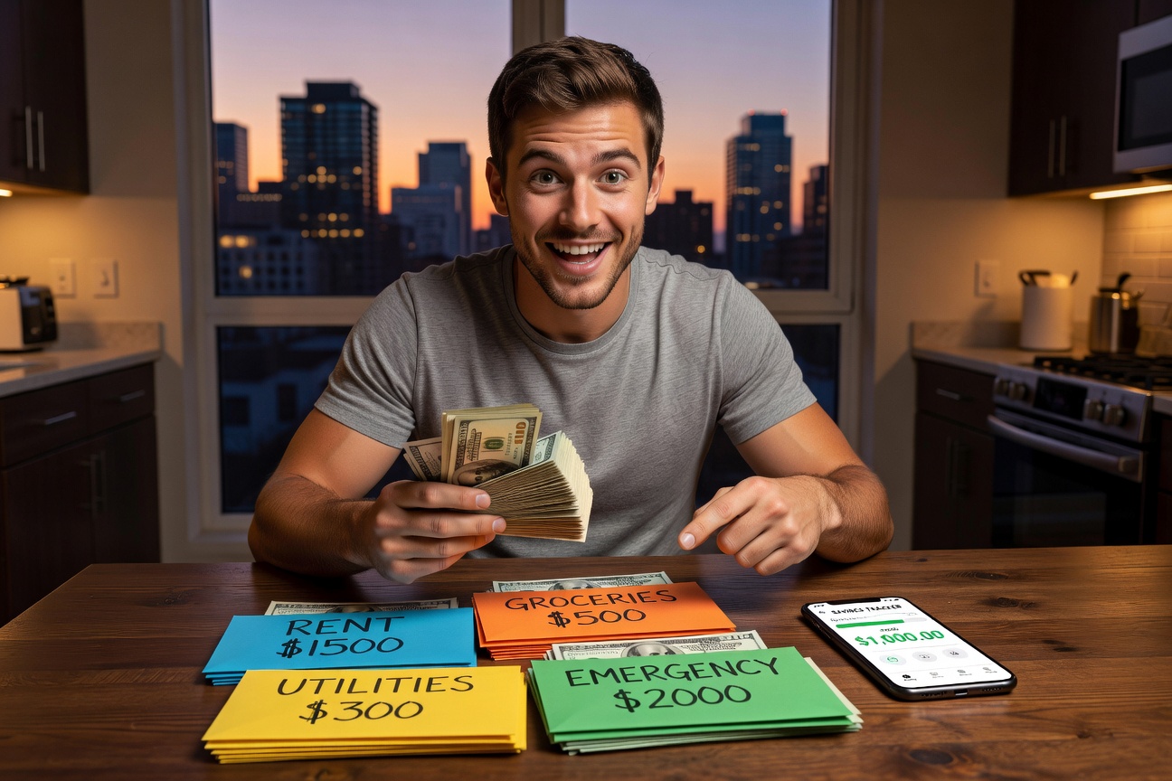 Young White man in urban apartment triumphantly stacking cash envelopes on a table with savings app on his phone glowing in the background