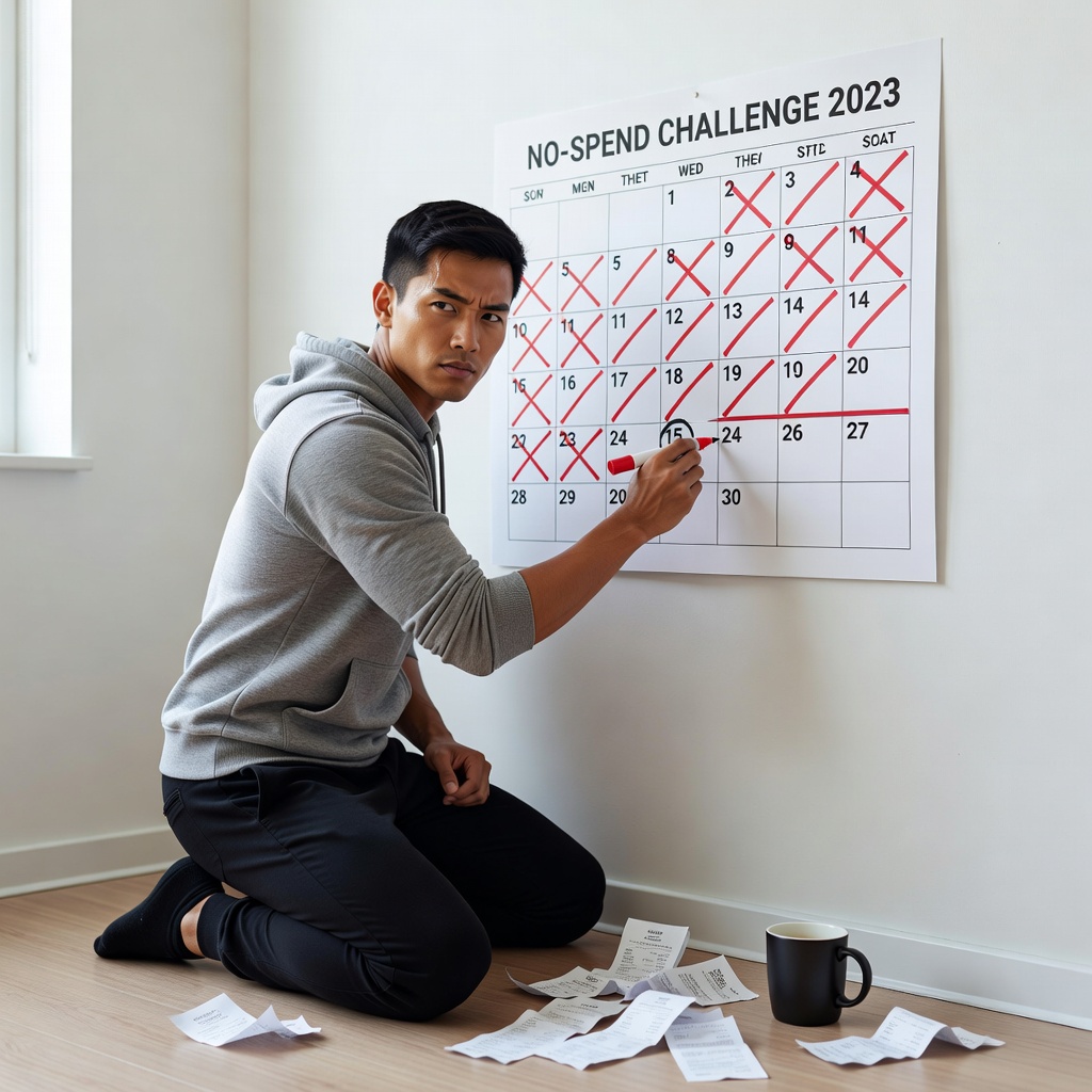 Young Asian man crossing out days on a calendar in a minimalist room, no-spend challenge board with coffee and receipts scattered