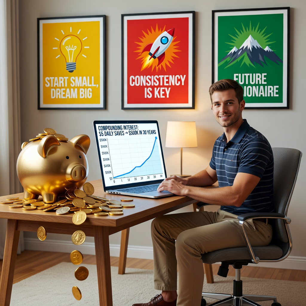 Young White entrepreneur in home office watching compounding graph on laptop, piggy bank overflowing with coins symbolizing growth