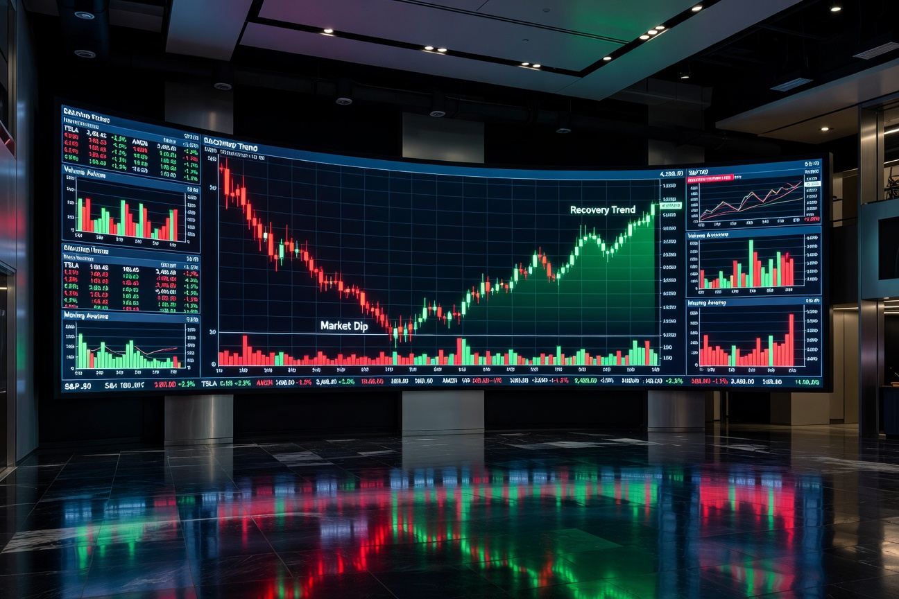 Dynamic stock market chart showing recent S&P 500 volatility with green and red candlesticks on a digital screen