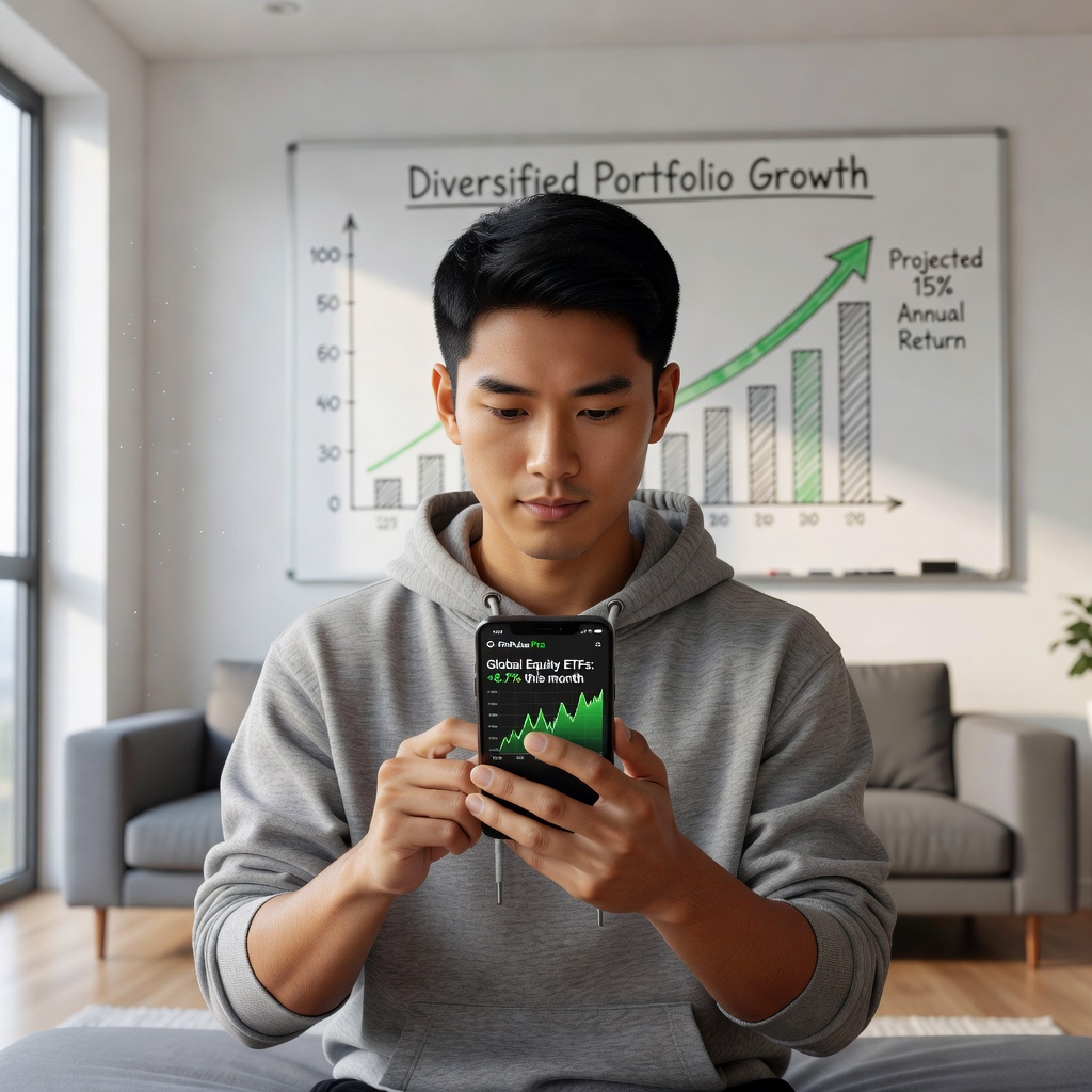 Young Asian man in casual attire reviewing ETF performance on a smartphone app, surrounded by upward-trending graphs