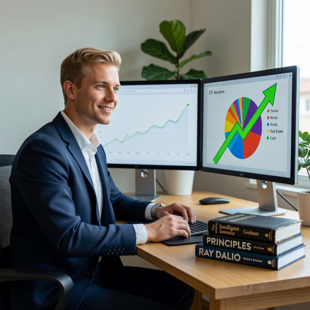 Confident young White man in modern home office charting diversified ETF portfolio on dual monitors with growth arrows