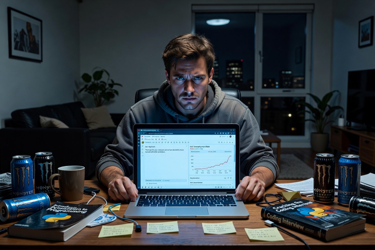 Frustrated young White man in dim room scrolling job rejections on laptop, job market collapse vibe