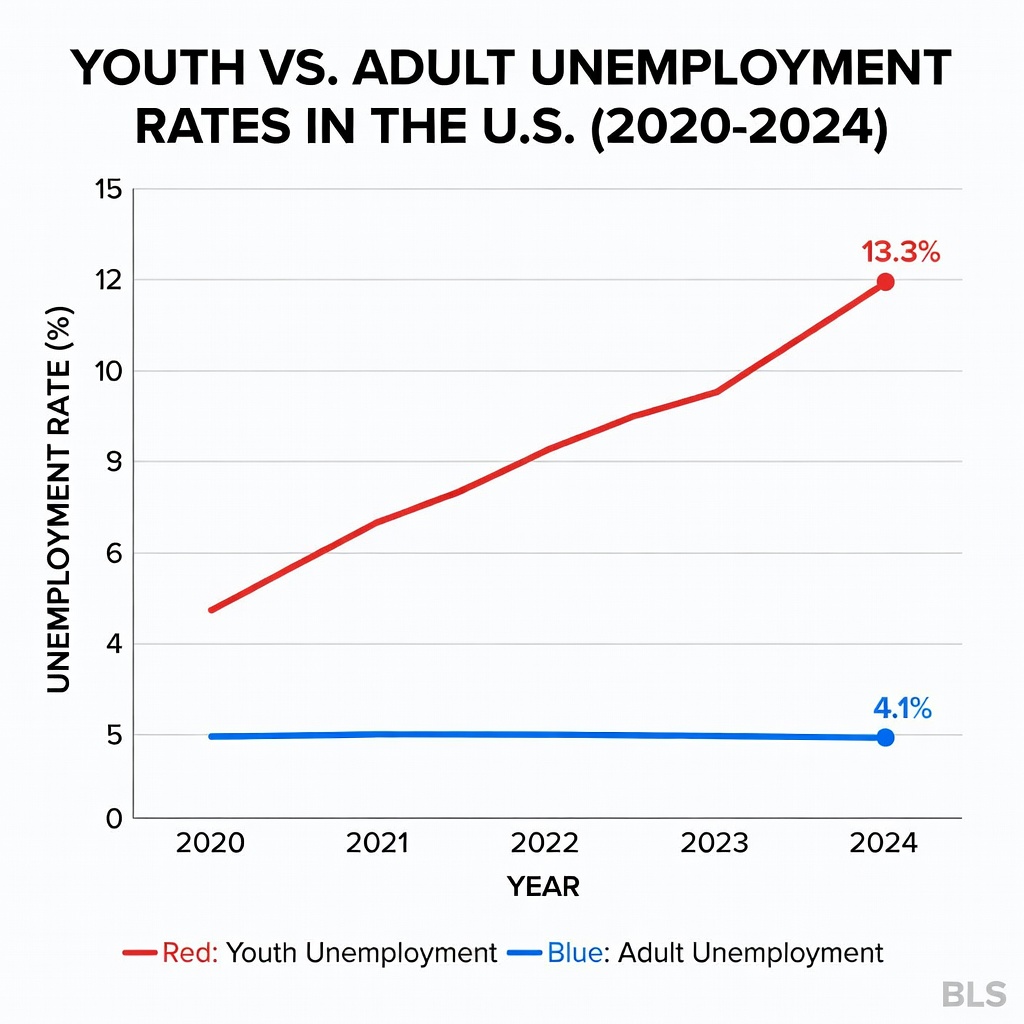 Graph of rising youth unemployment 2024, red line spiking to 13 percent against cooling adult rates, stark data visualization