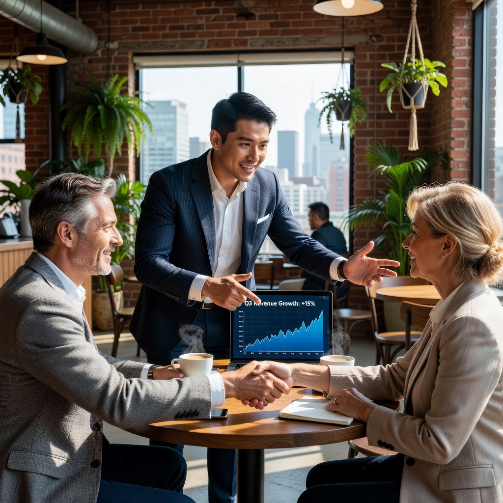 Confident young Asian entrepreneur pitching startup in cafe to investors, dynamic negotiation scene, city skyline background