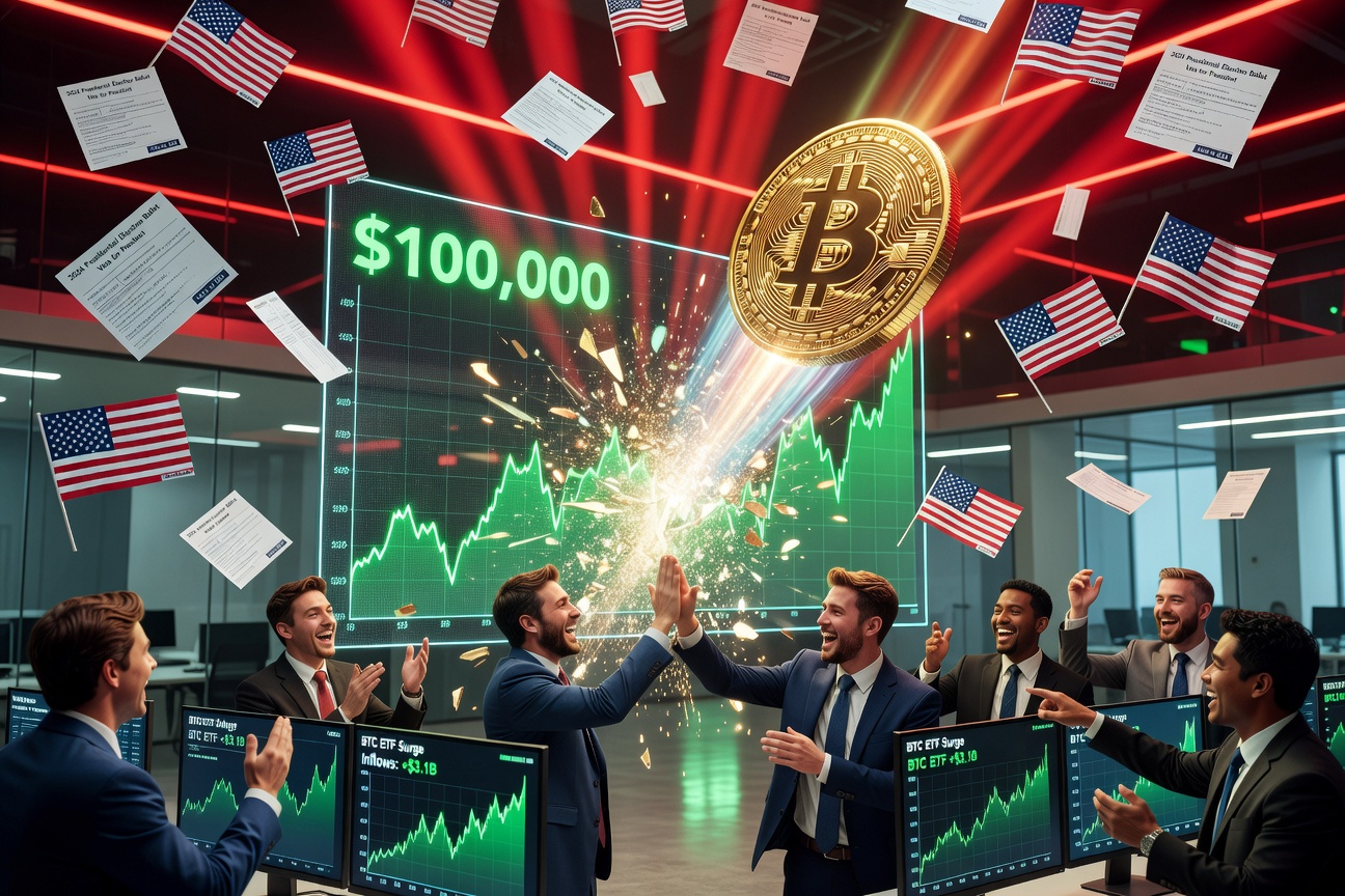 Dramatic Bitcoin chart breaking through $100,000 with ETF inflow arrows and election confetti