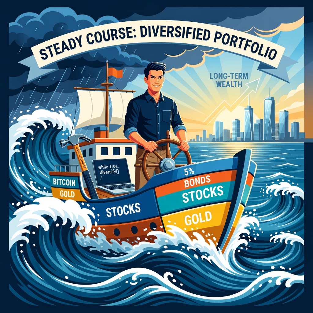 Infographic depicting crypto volatility waves, scam warning signs, and risk metrics