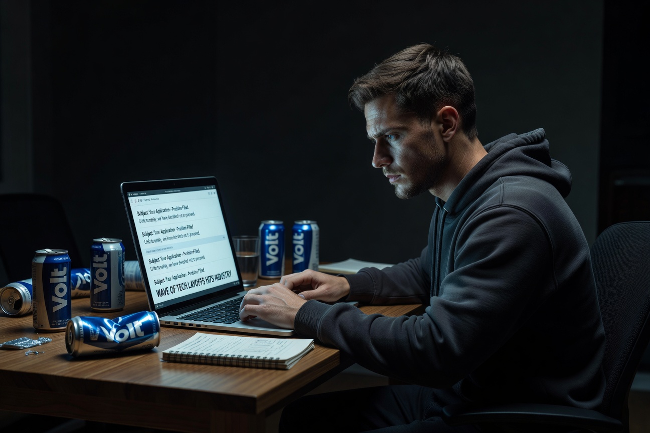 Young White man staring at rejection emails on laptop in dark room
