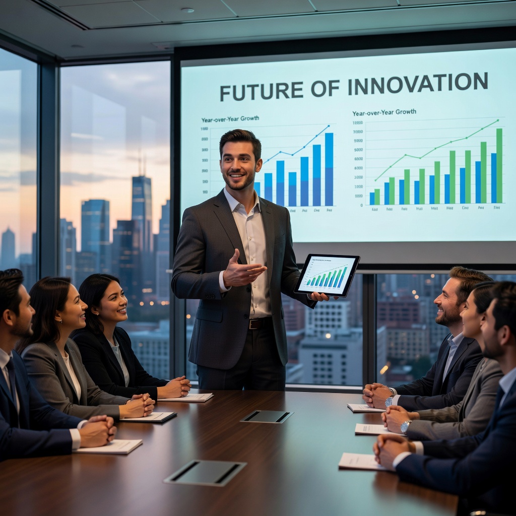 Young Asian entrepreneur pitching startup to investors