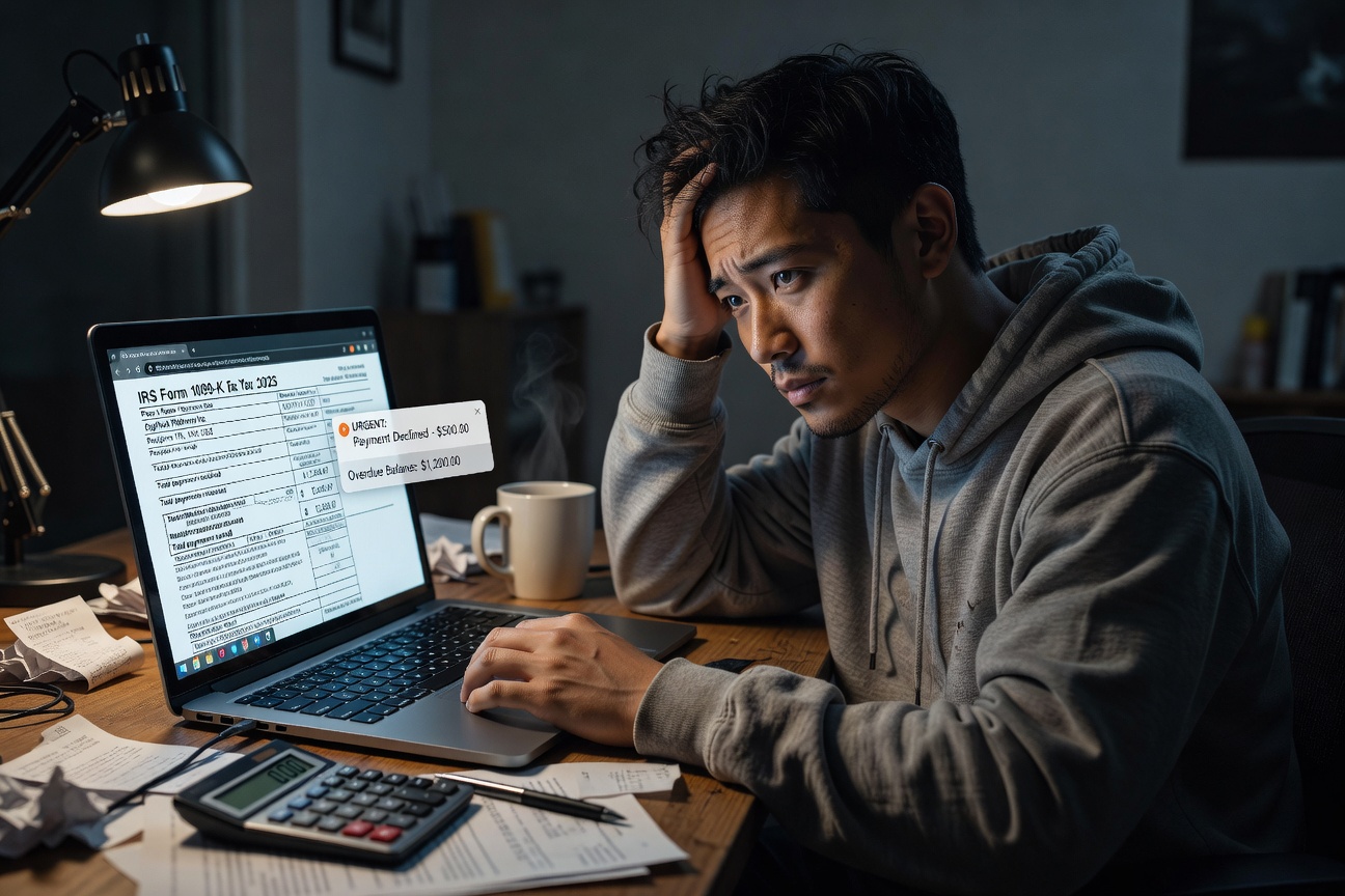 Young Asian freelancer staring at laptop screen showing IRS 1099 form with worried expression in modern home office