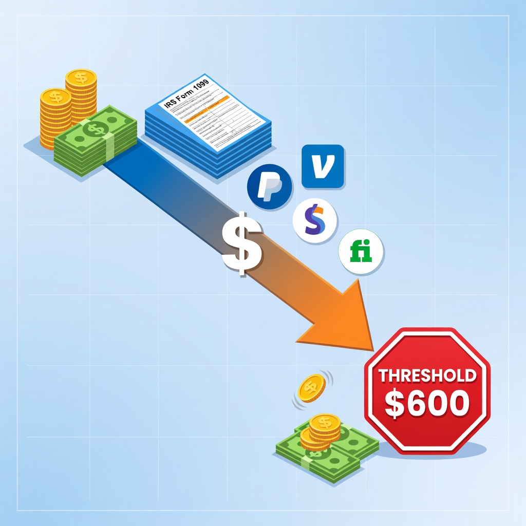 Infographic chart showing rising 1099-K reporting thresholds dropping to $600 with platform logos like PayPal Venmo