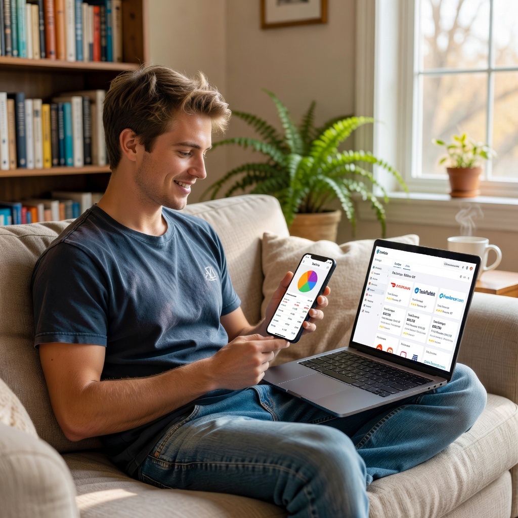 Young white male creator in casual attire reviewing tax spreadsheet on phone surrounded by coffee mugs and laptop in cozy apartment