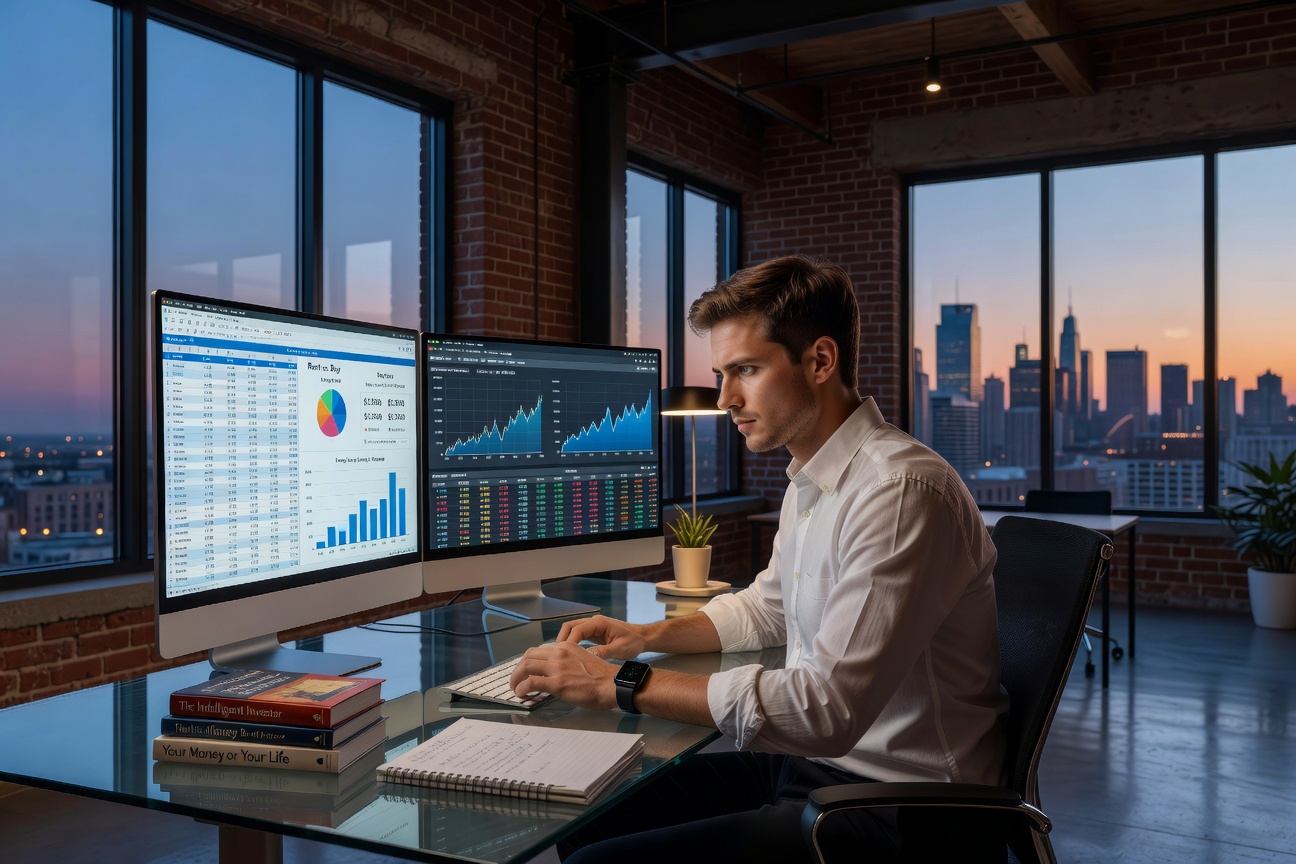 Young White man in modern loft analyzing rent vs buy spreadsheets on dual monitors, city skyline view, intense focus