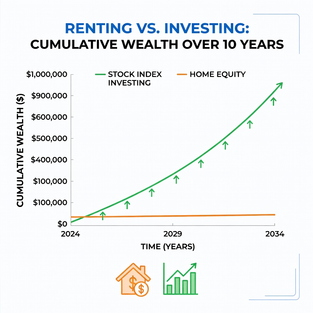 Graph charts comparing rent savings invested in stocks vs home equity growth over 10 years, clean minimalist design, upward stock arrows dominate