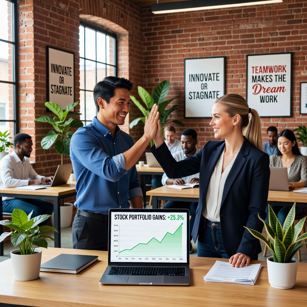 Asian young man in startup office high-fiving partner, laptop showing stock gains, energetic vibe, modern co-working space