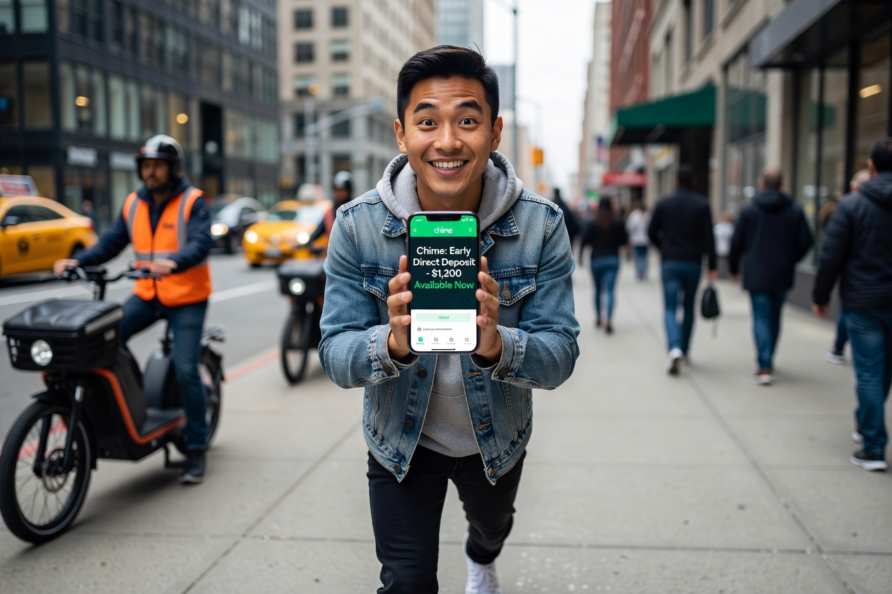 Young Asian man triumphantly viewing Chime app notification for early direct deposit on his phone amid a busy urban street side hustle scene