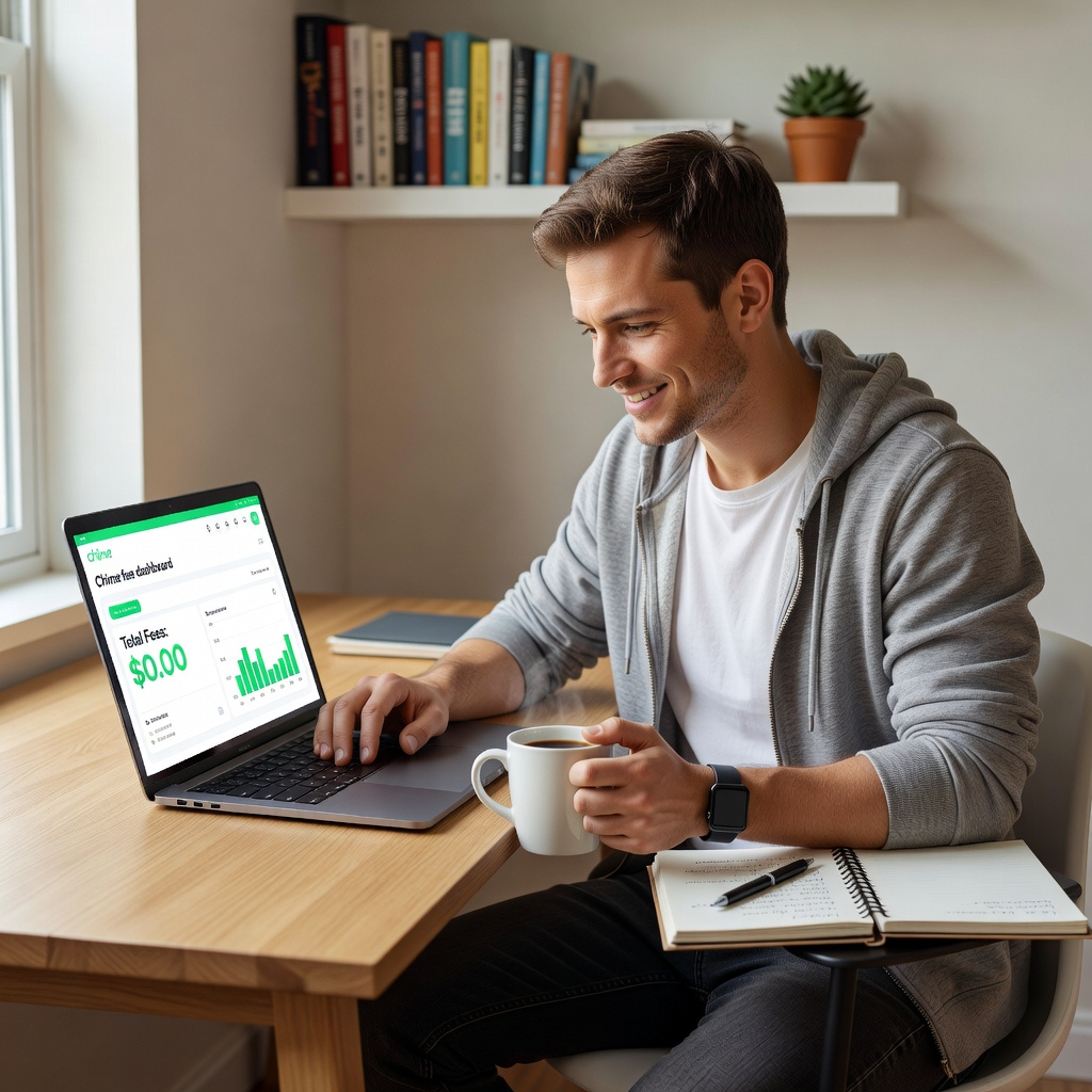 Close-up of a White millennial entrepreneur analyzing Chime fee breakdown on laptop screen, coffee mug nearby, focused expression in home office