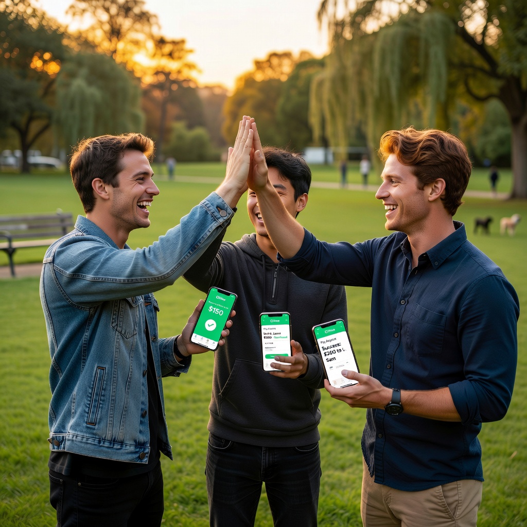 Group of young White and Asian men high-fiving over successful Chime transactions on phones during a casual outdoor meetup, entrepreneurial vibe