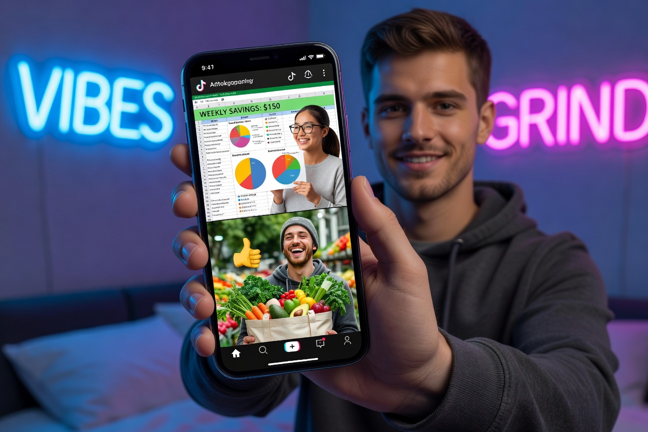 Vibrant TikTok screenshot montage of young adults sharing loud budgeting challenges, spreadsheets, and group chats