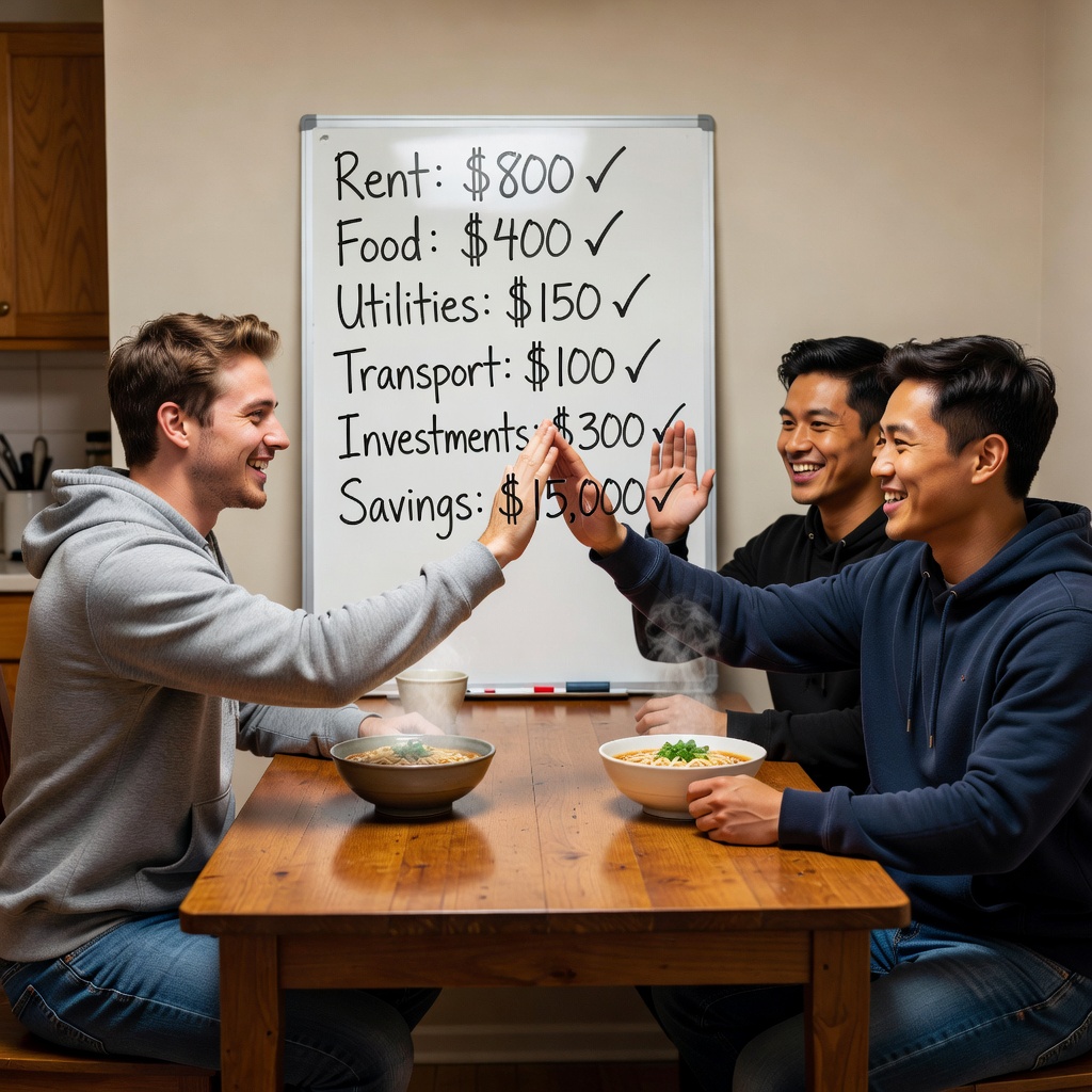 Young White man in casual attire at kitchen table, high-fiving friends over homemade meal budget board