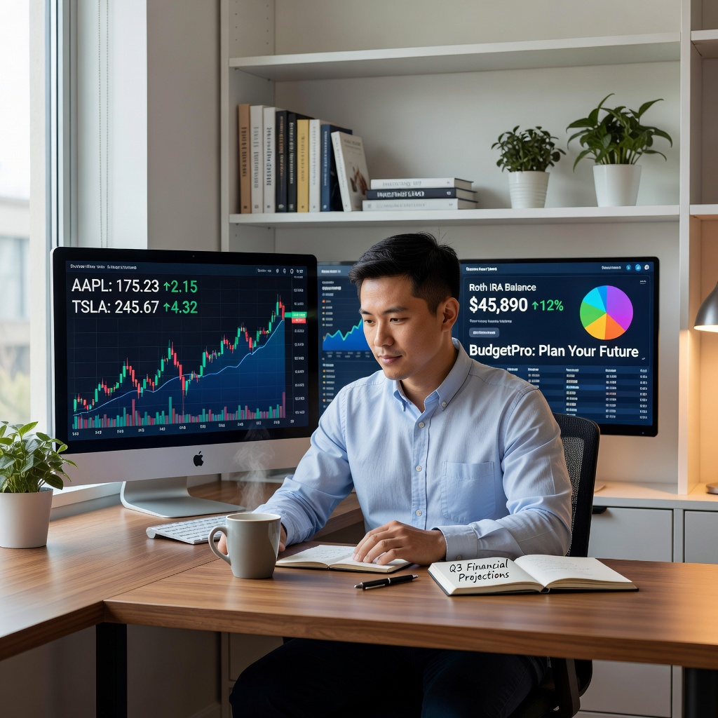 Asian entrepreneur in home office, charting investments on dual monitors beside budgeting app